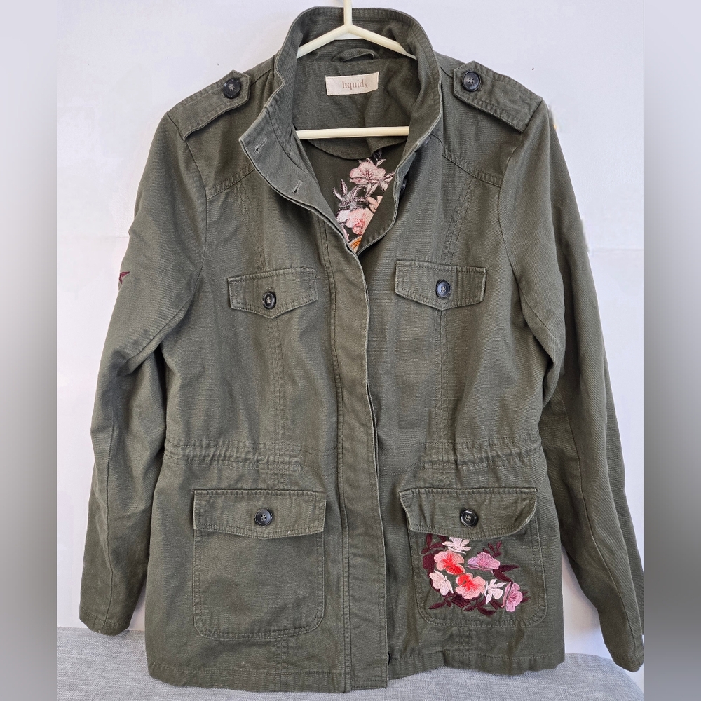 Liquid X Embroidered‎ Floral Tiger Khaki Green Utility Jacket Size M